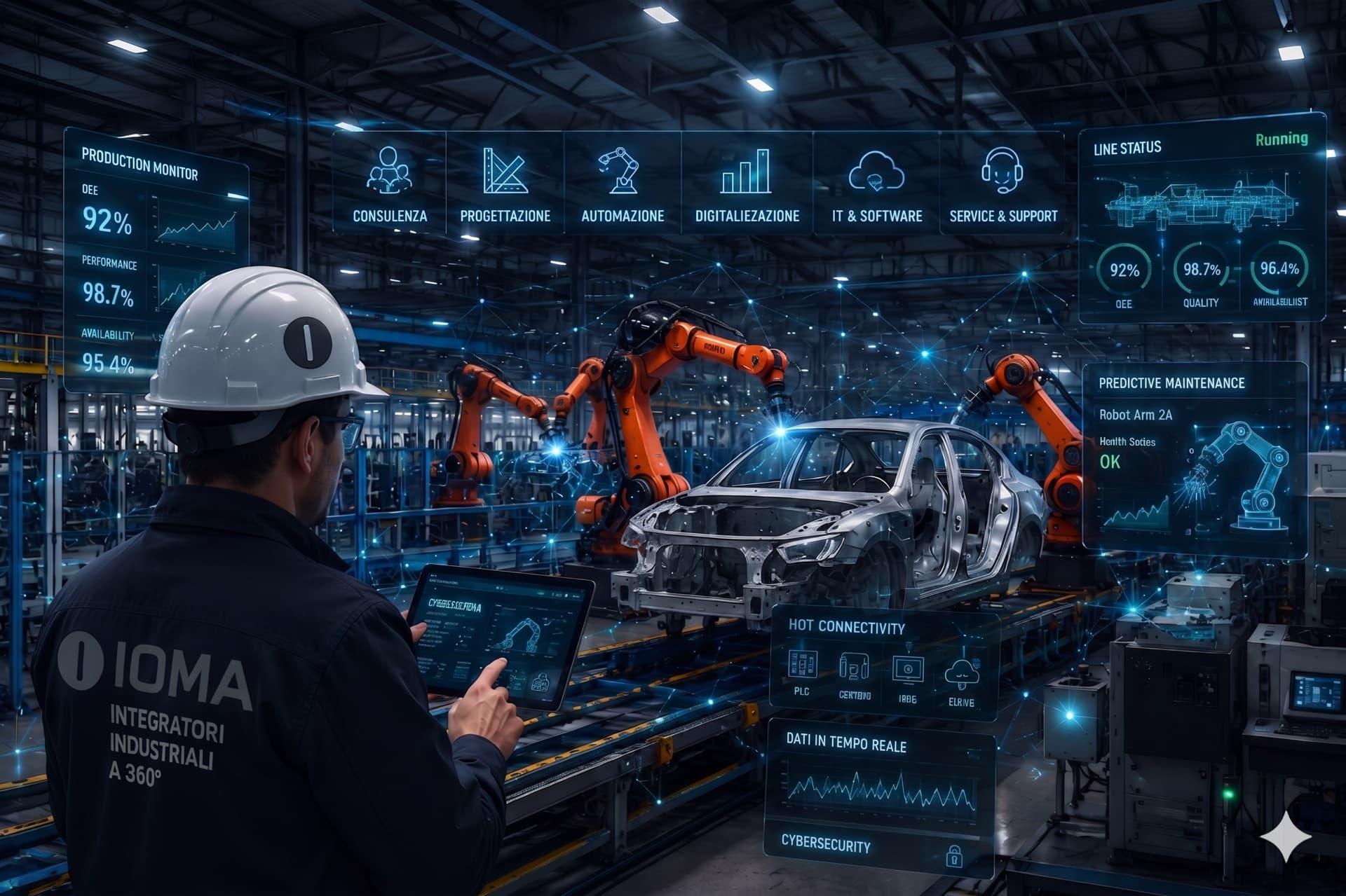 Automotive assembly line with robotic arms working on a body shell, inside a production plant